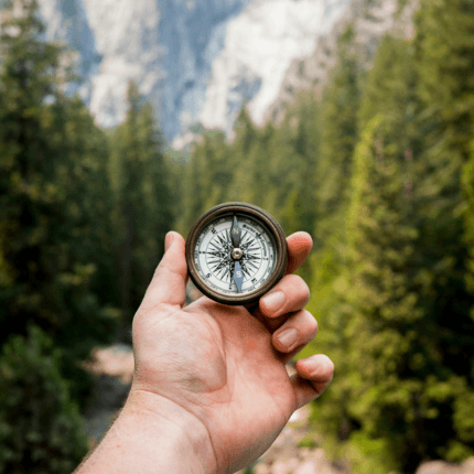 A man holding a compass with trees and a mountain in the background.