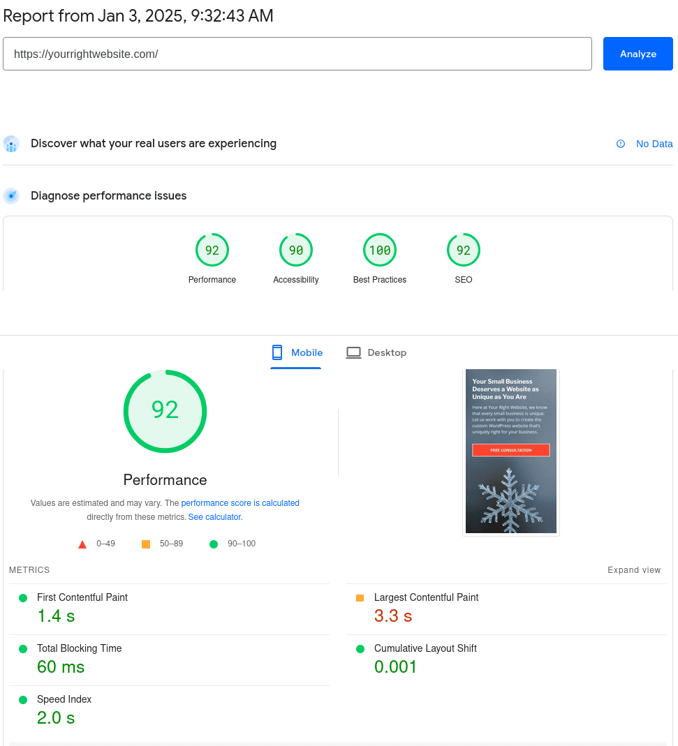 Google PageSpeed showing 90+ scores for YourRightWebsite.com.