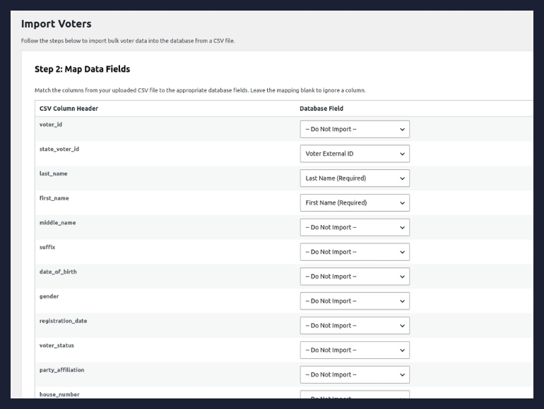 A screenshot of the CSV mapping screen of the Import Voters process of the Get Out The Vote plugin for WordPress.