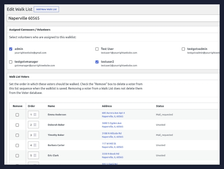 A screenshot of the walklist management interface of the Get Out The Vote plugin for WordPress.