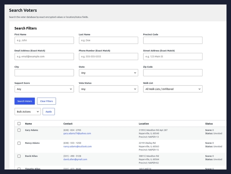A screenshot of the Search Voters interface of the Get Out The Vote WordPress plugin.