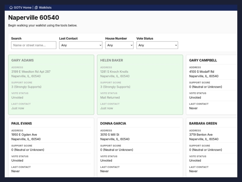A screenshot of the volunteer portal of the Get Out The Vote plugin for WordPress, with contacted voters denoted in green.