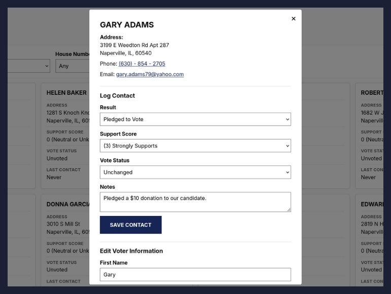 A screenshot of the volunteer portal where a volunteer can view and edit the voter information of a prospective voter, as well as log the contact interaction.
