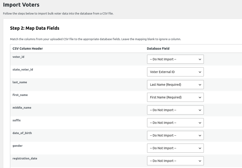 A screenshot of the import voters screen on the Your Right Campaign plugin for WordPress.